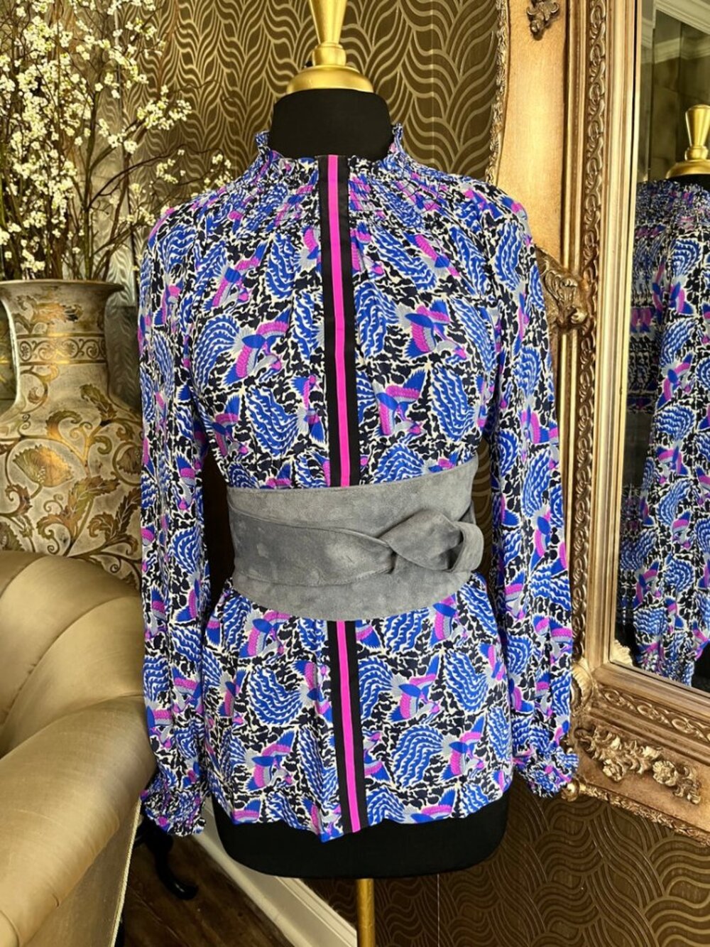 Rungolee silk vibrant phoenix floral print in blue magenta blouse